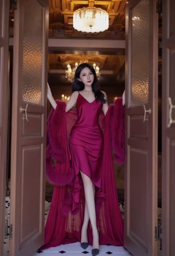Burgundy Silk Slip, Fur Cape, Sequined Heels